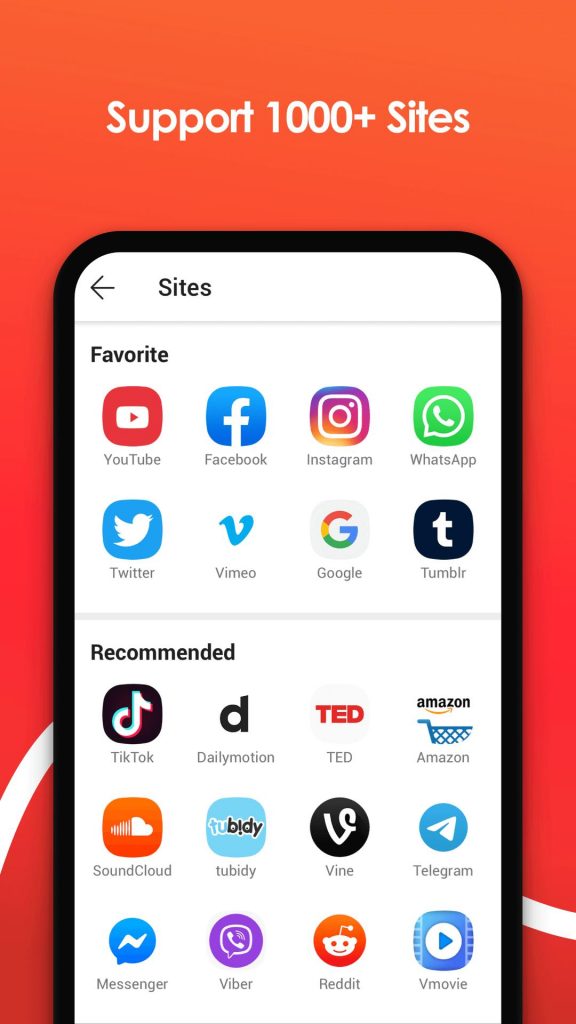 VidMate supports 1000+ sites - YouTube, Facebook, Instagram, WhatsApp, Twitter, TikTok and more