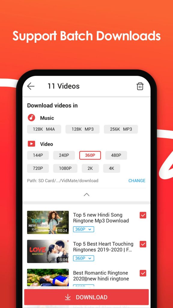 VidMate batch download feature - Support batch downloading multiple videos with different quality options