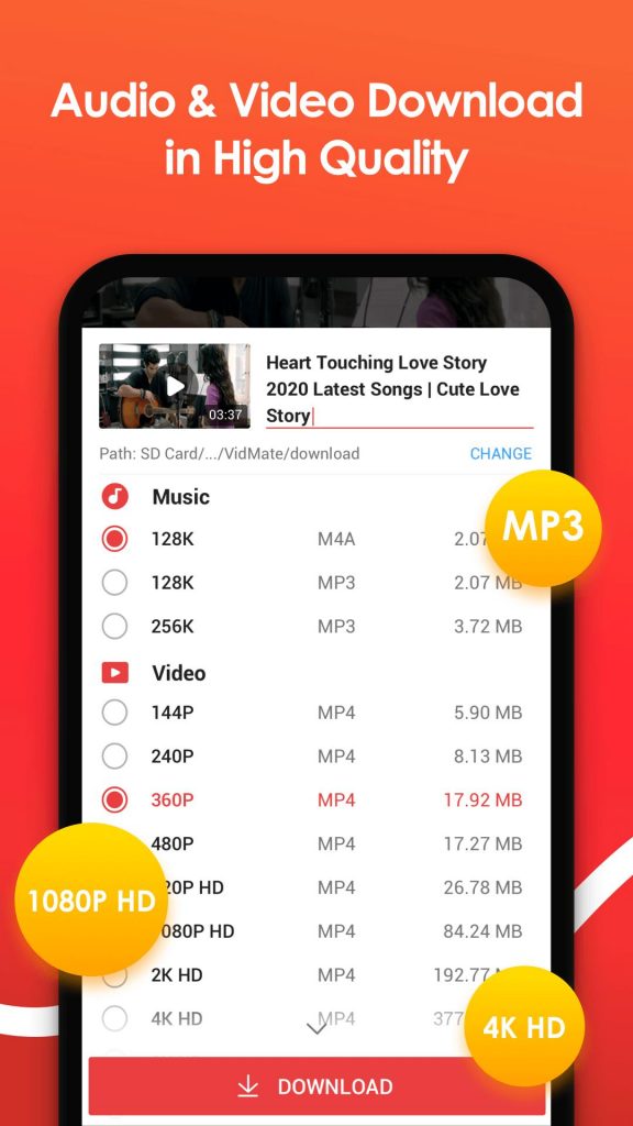 VidMate HD audio and video download - Support from 144P to 4K HD resolutions and multiple audio formats